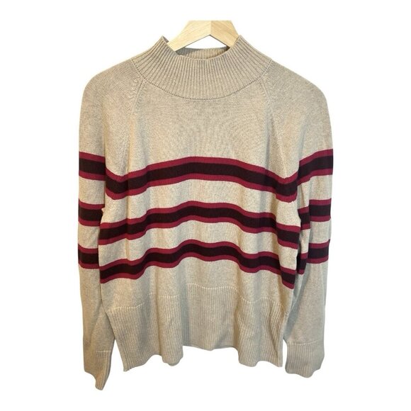 LOFT Striped Rib Trim Mock Neck Sweater Sz XL Preppy Academia Tan Red Cotton NWT - Picture 3 of 8
